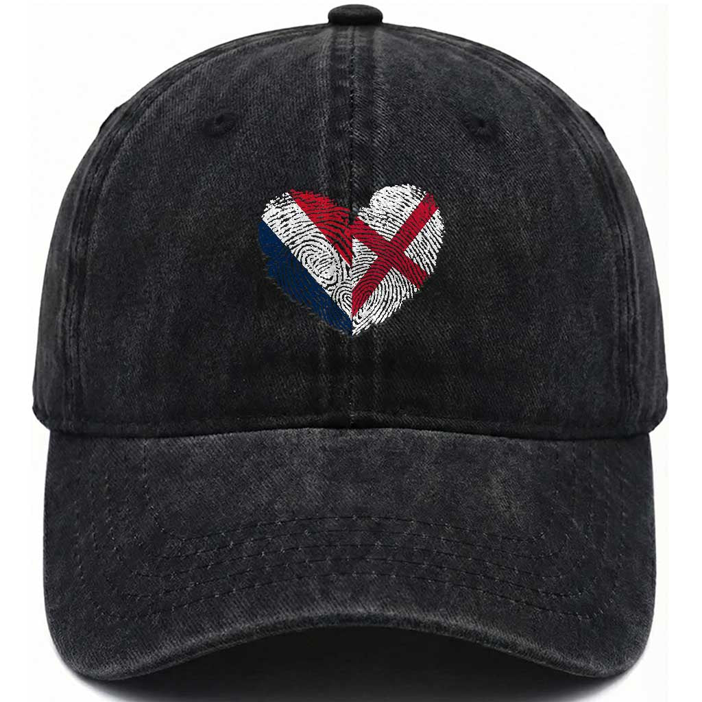 France England Flag Fingerprint Heart DNA Graphic Washed Cotton Baseball Cap Proud Anglo English French Ancestry Love Identity