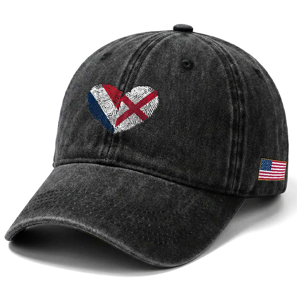 France England Flag Fingerprint Heart DNA Graphic Washed Cotton Baseball Cap Proud Anglo English French Ancestry Love Identity