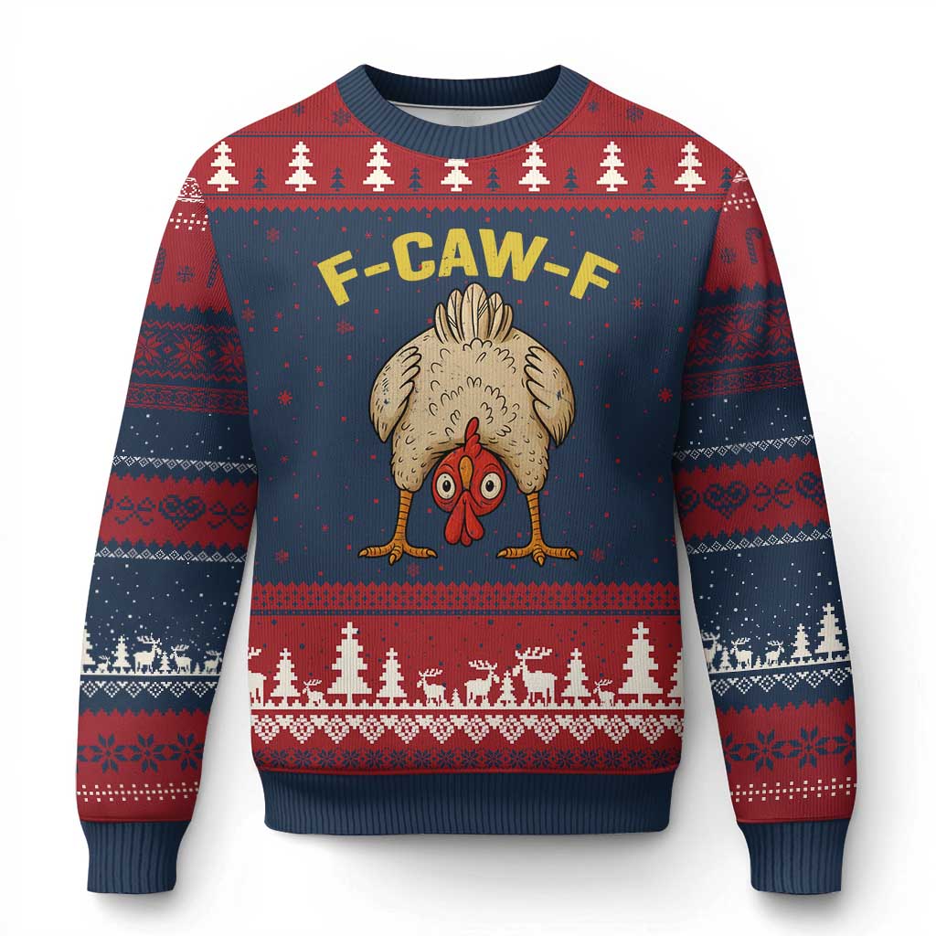 Funny F Caw F Bending Over Chicken Meme Ugly Christmas Sweater Upside Down Head Poultry Humor - Wonder Print Shop