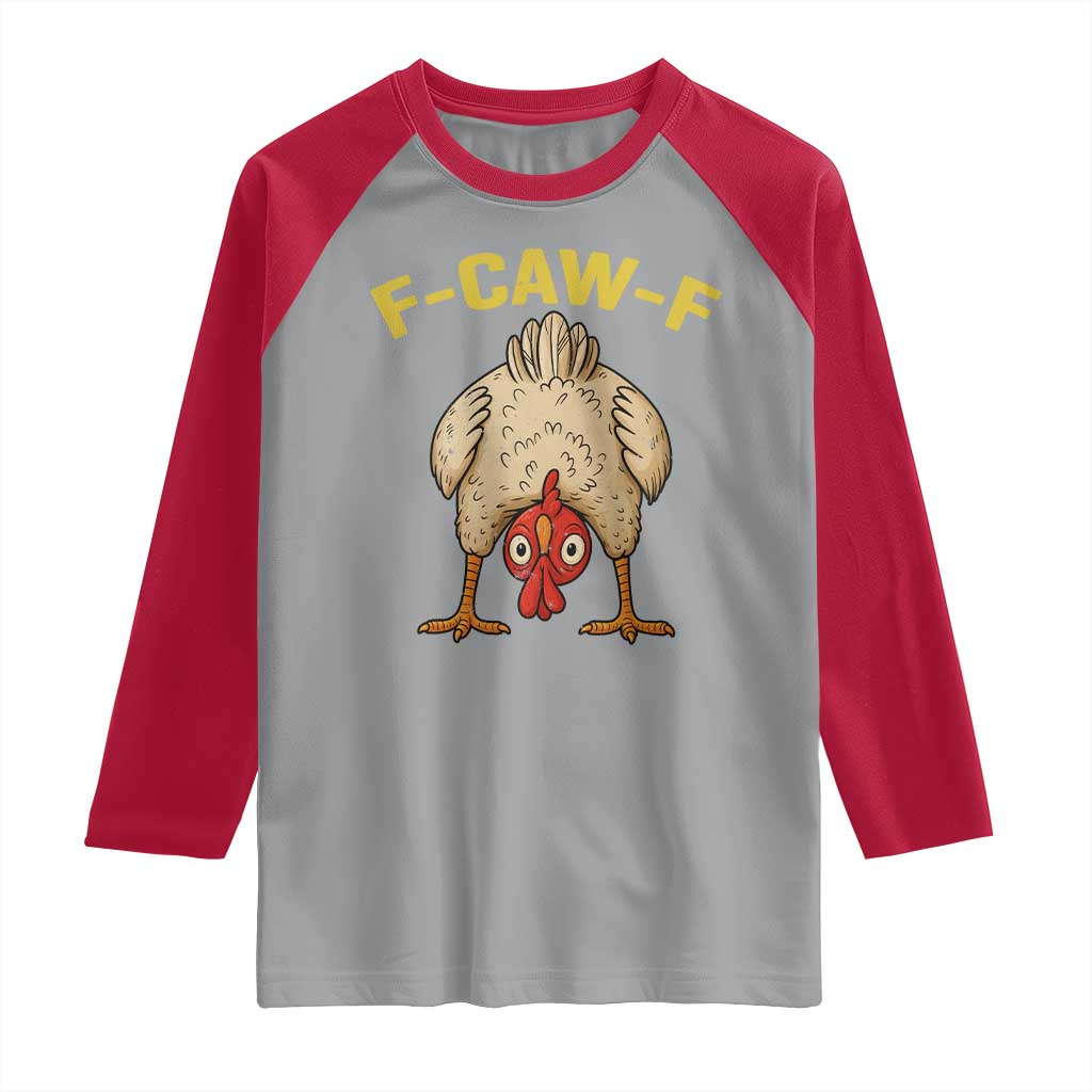 Funny F Caw F Bending Over Chicken Meme Raglan Shirt Upside Down Head Poultry Humor - Wonder Print Shop