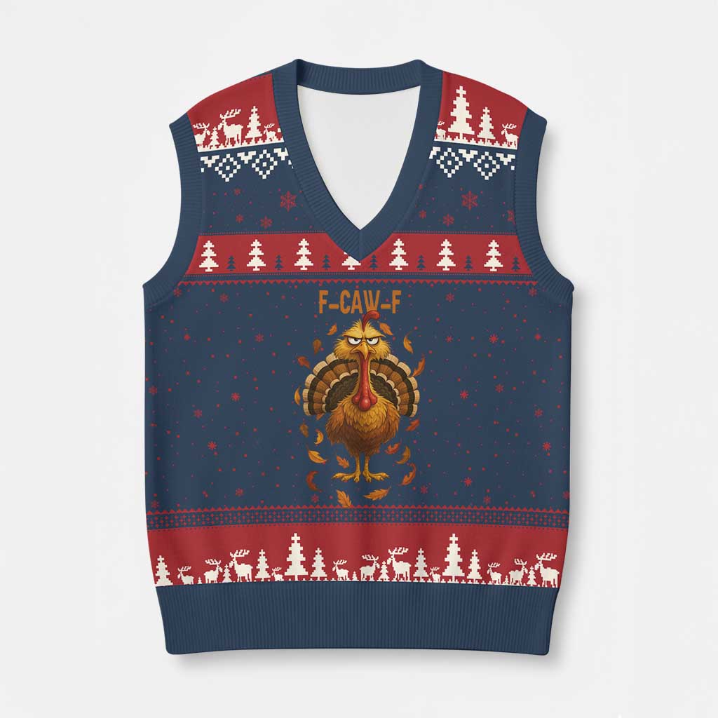 Funny F Caw F Turkey Meme Thanksgiving Graphic V-Neck Knit Sweater Vest Funny Fowl Mood Humor - Wonder Print Shop