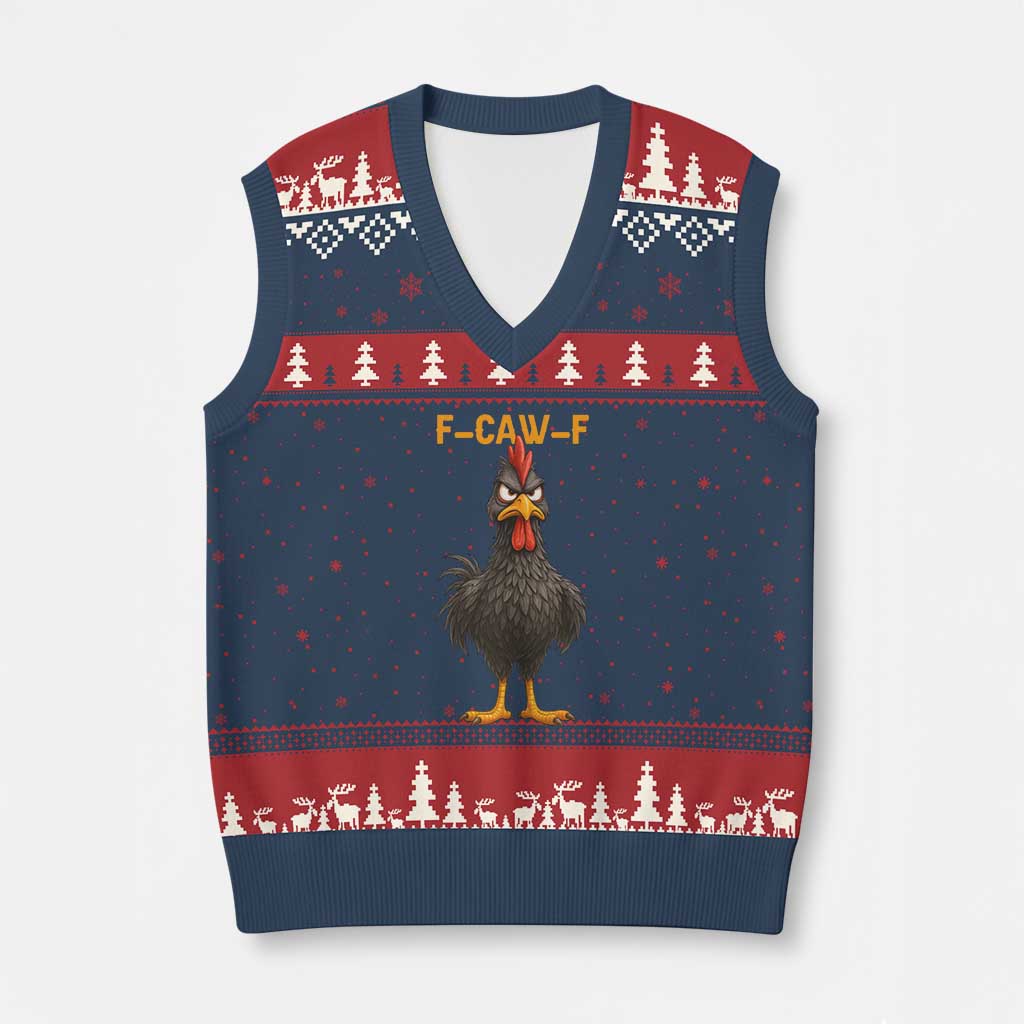 Funny F Caw F Grumpy Black Chicken Graphic V-Neck Knit Sweater Vest Moody Bird Meme for Sarcastic Animal Lovers - Wonder Print Shop