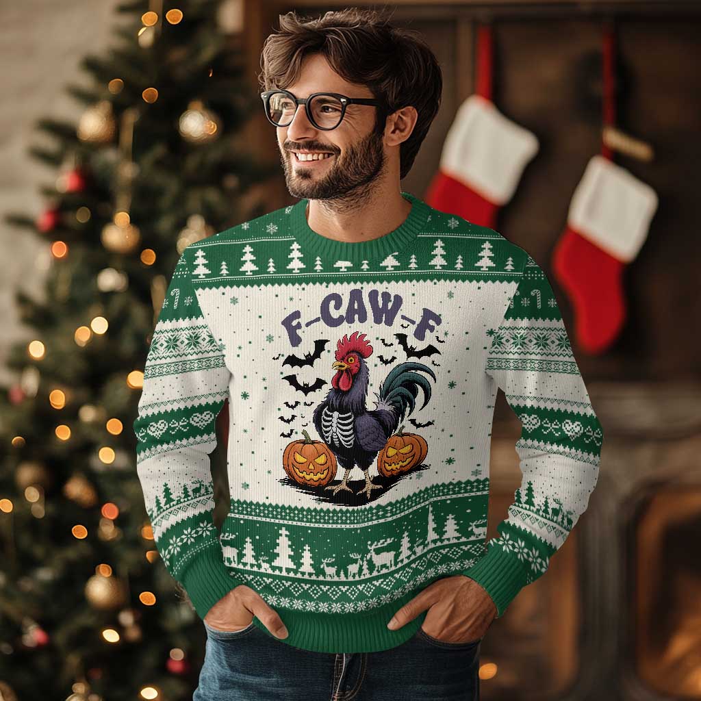 F Caw F Halloween Chicken Skeleton Ugly Christmas Sweater Spooky Funny Rooster Meme - Wonder Print Shop
