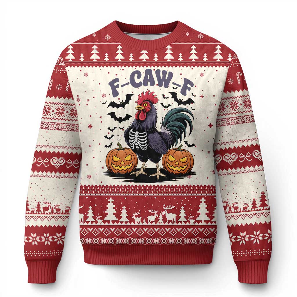 F Caw F Halloween Chicken Skeleton Ugly Christmas Sweater Spooky Funny Rooster Meme - Wonder Print Shop