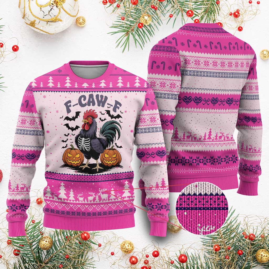 F Caw F Halloween Chicken Skeleton Ugly Christmas Sweater Spooky Funny Rooster Meme - Wonder Print Shop