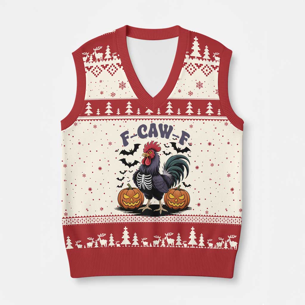 F Caw F Halloween Chicken Skeleton V-Neck Knit Sweater Vest Spooky Funny Rooster Meme - Wonder Print Shop