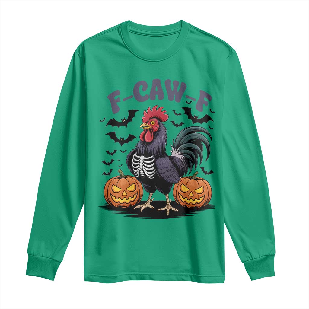 F Caw F Halloween Chicken Skeleton Long Sleeve Shirt Spooky Funny Rooster Meme - Wonder Print Shop