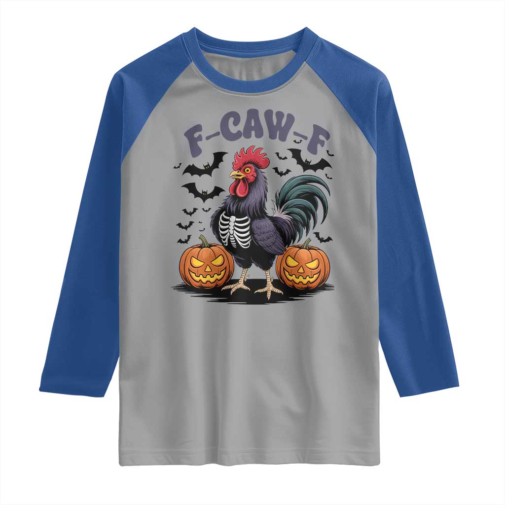 F Caw F Halloween Chicken Skeleton Raglan Shirt Spooky Funny Rooster Meme - Wonder Print Shop