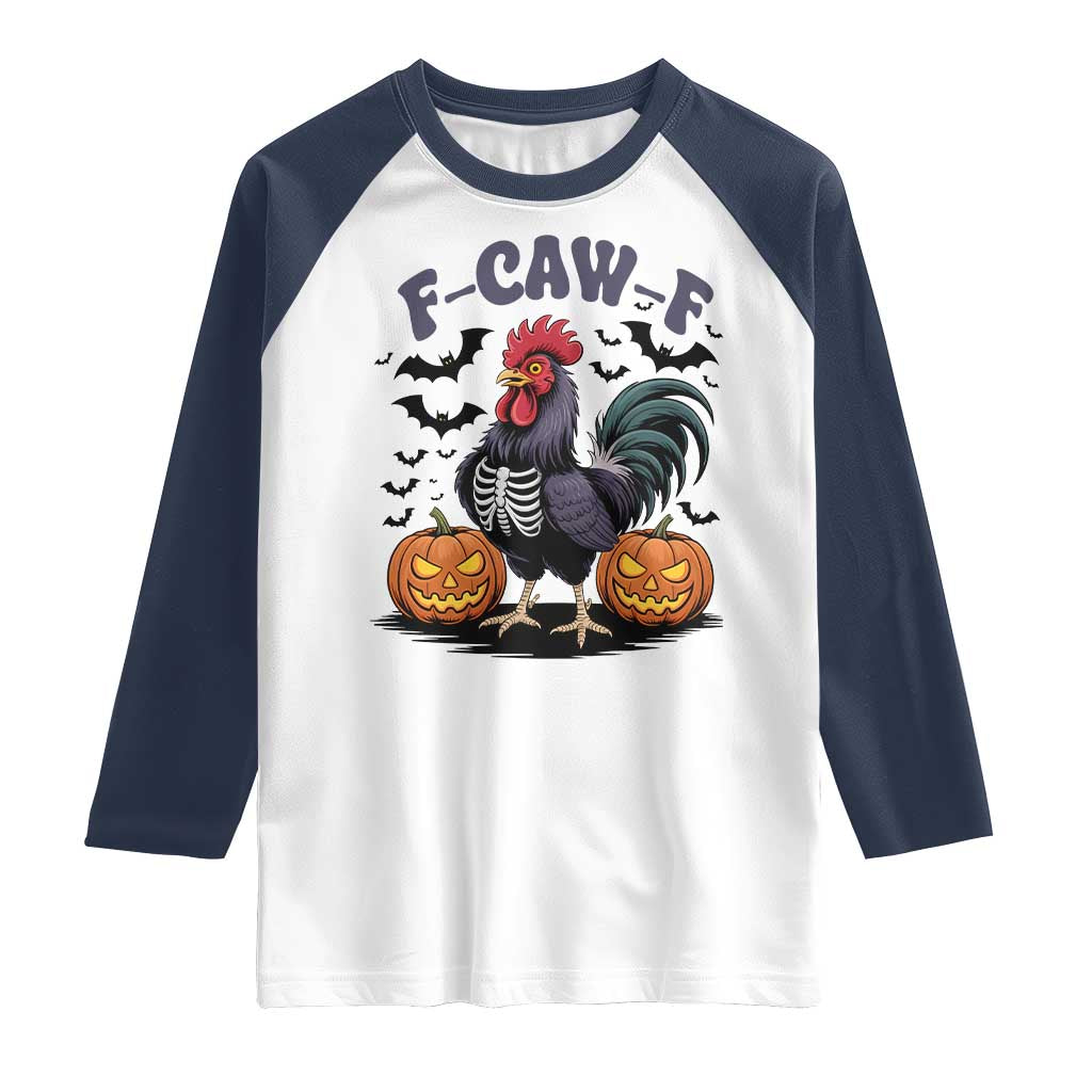F Caw F Halloween Chicken Skeleton Raglan Shirt Spooky Funny Rooster Meme - Wonder Print Shop