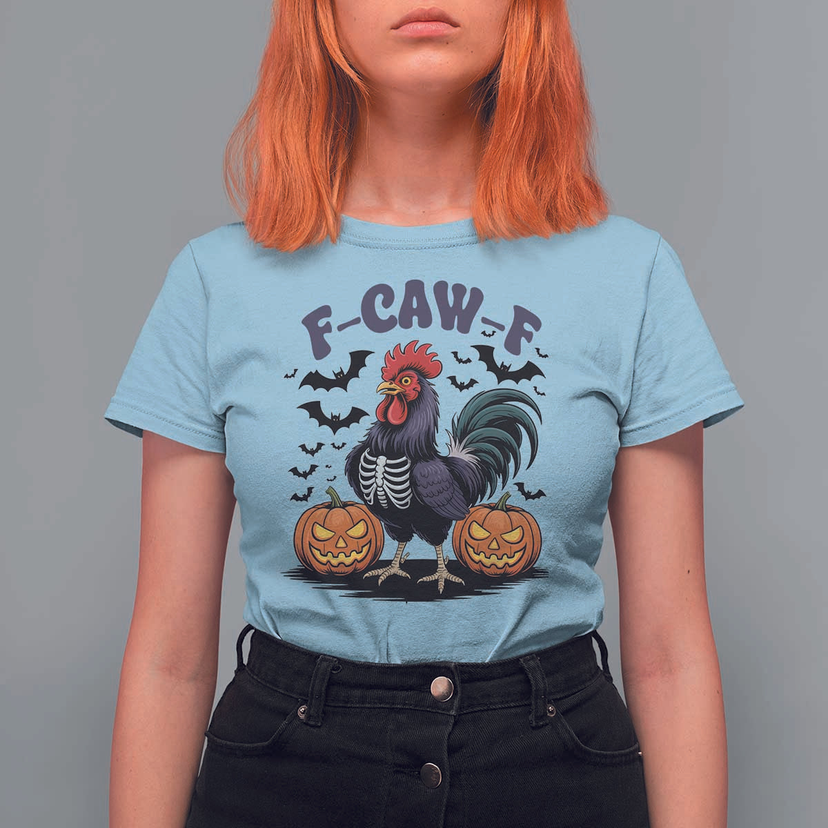 F Caw F Halloween Chicken Skeleton T Shirt For Women Spooky Funny Rooster Meme - Wonder Print Shop