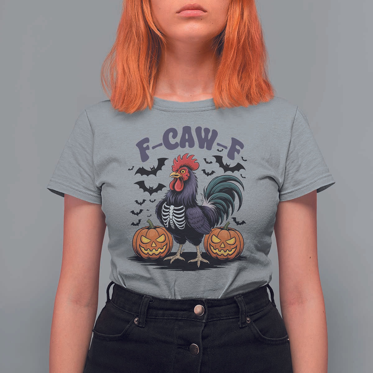 F Caw F Halloween Chicken Skeleton T Shirt For Women Spooky Funny Rooster Meme - Wonder Print Shop