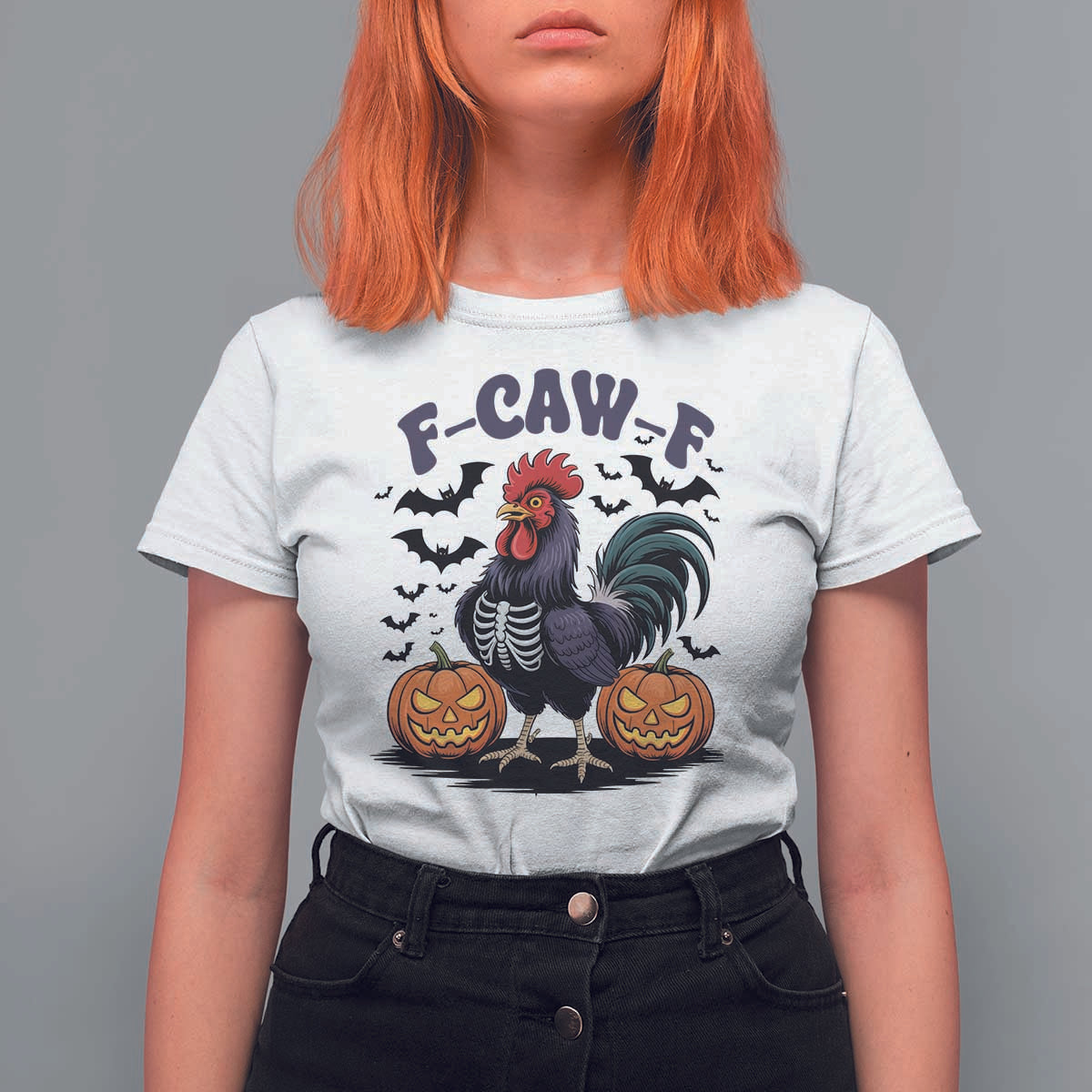 F Caw F Halloween Chicken Skeleton T Shirt For Women Spooky Funny Rooster Meme - Wonder Print Shop
