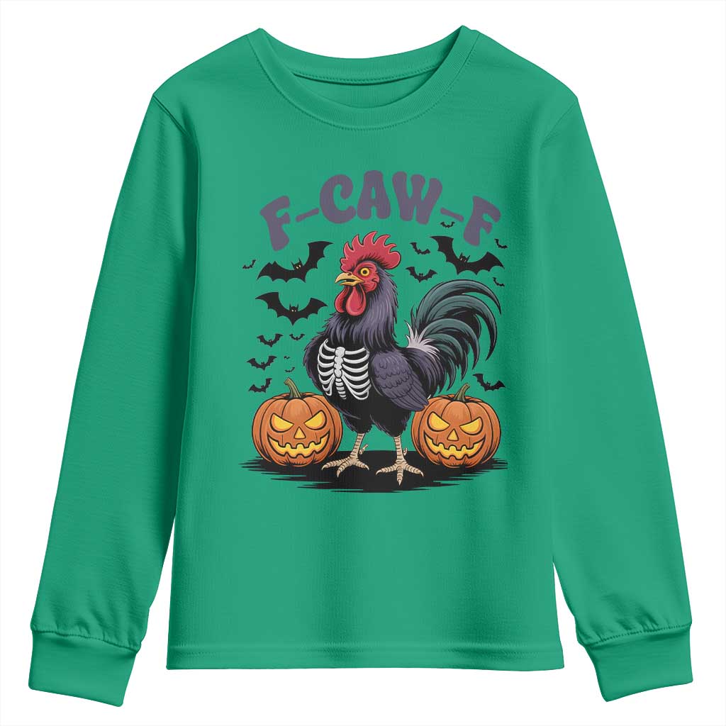F Caw F Halloween Chicken Skeleton Youth Sweatshirt Spooky Funny Rooster Meme - Wonder Print Shop