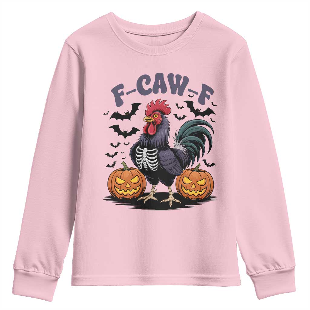 F Caw F Halloween Chicken Skeleton Youth Sweatshirt Spooky Funny Rooster Meme - Wonder Print Shop