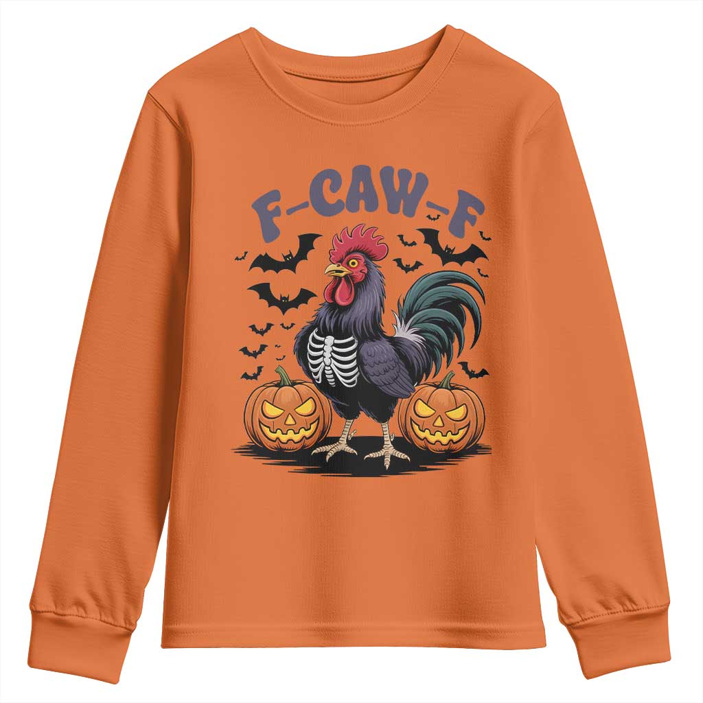 F Caw F Halloween Chicken Skeleton Youth Sweatshirt Spooky Funny Rooster Meme - Wonder Print Shop