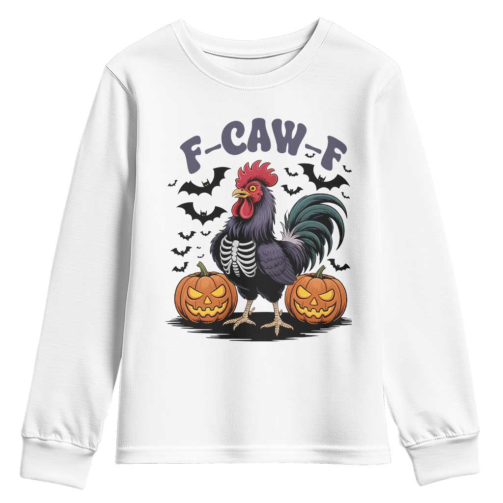 F Caw F Halloween Chicken Skeleton Youth Sweatshirt Spooky Funny Rooster Meme - Wonder Print Shop
