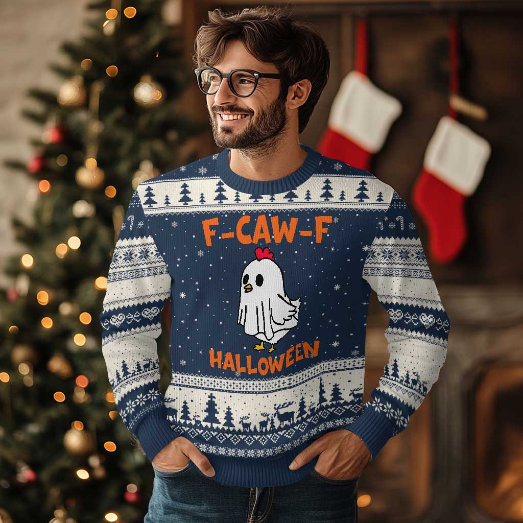 F Caw F Ghost Chicken Costume Ugly Christmas Sweater Funny Cute Halloween Poultry Lover - Wonder Print Shop
