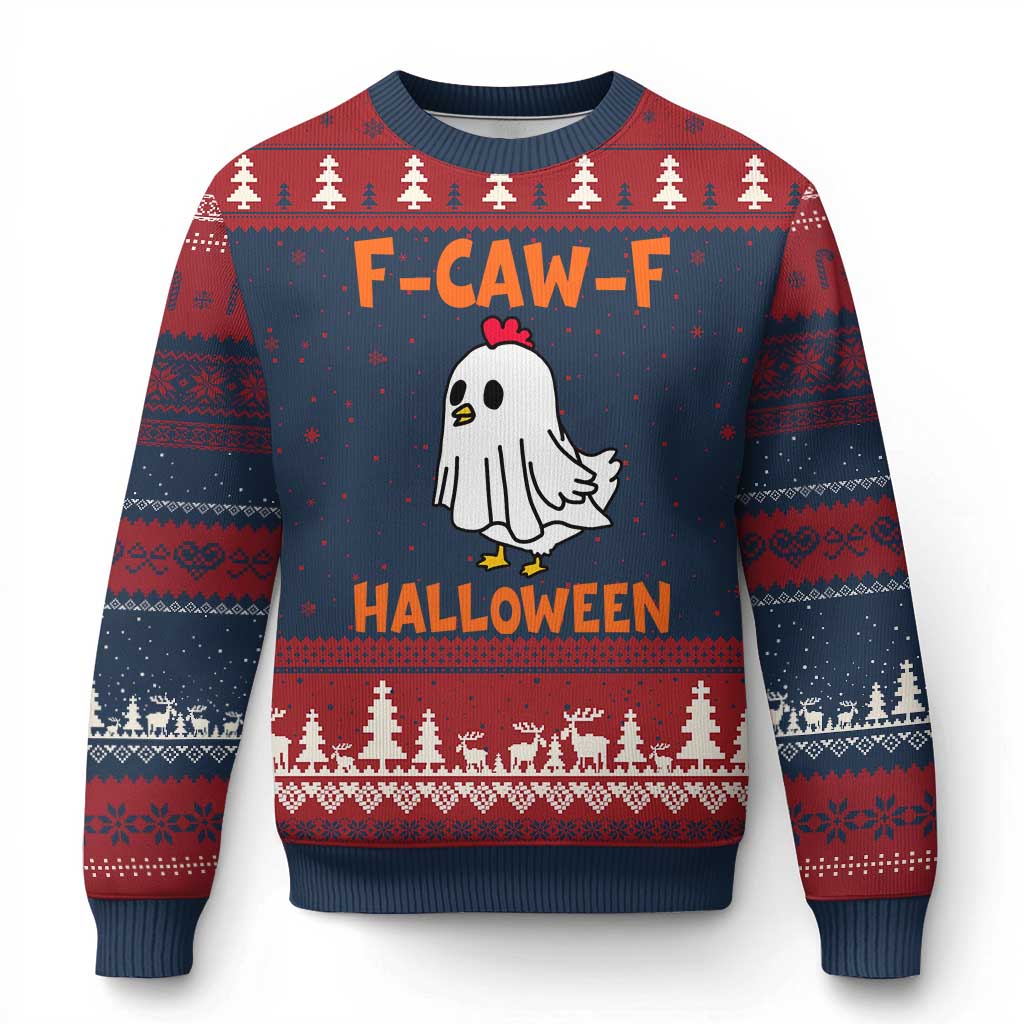 F Caw F Ghost Chicken Costume Ugly Christmas Sweater Funny Cute Halloween Poultry Lover - Wonder Print Shop