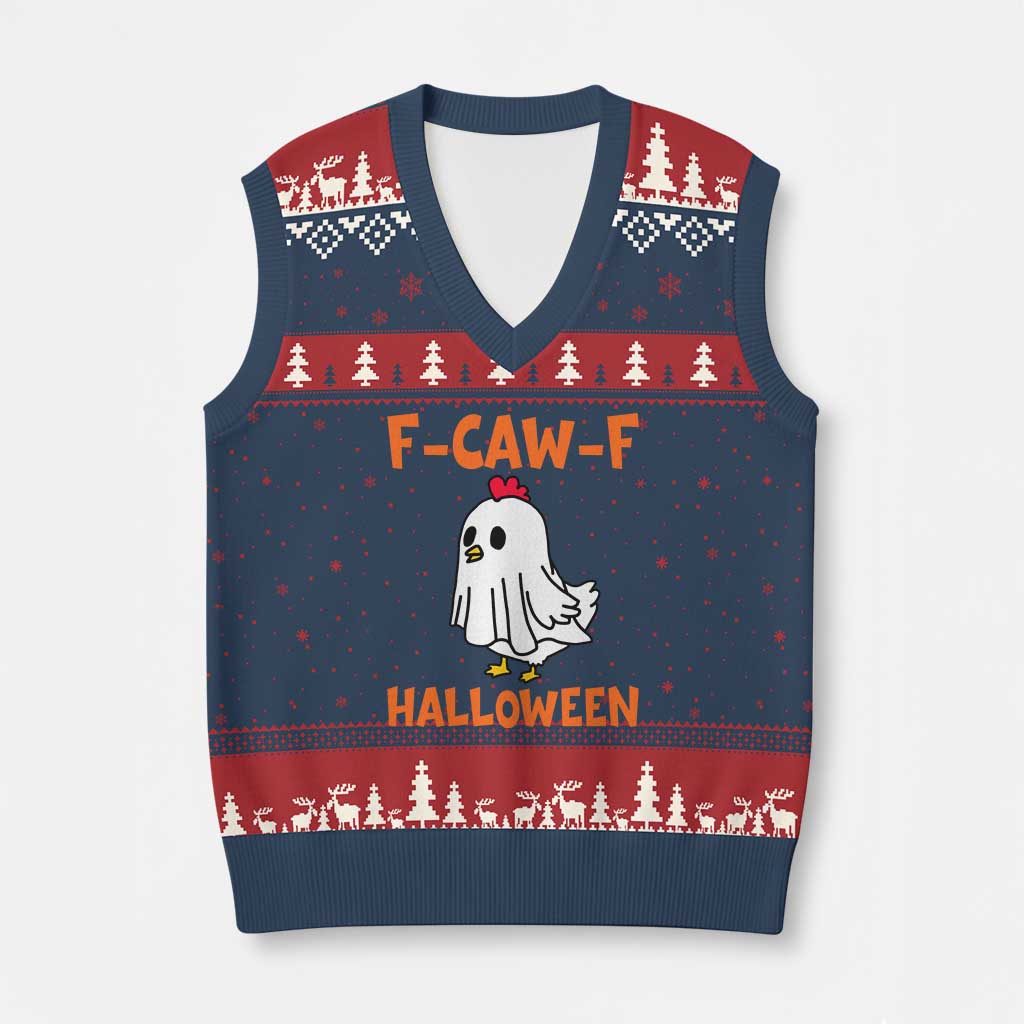 F Caw F Ghost Chicken Costume V-Neck Knit Sweater Vest Funny Cute Halloween Poultry Lover - Wonder Print Shop