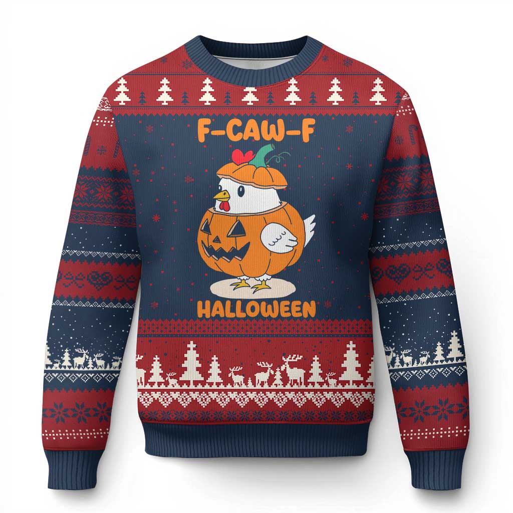 F Caw F Chicken Cute Halloween Costume Ugly Christmas Sweater Funny Jack O LAttern Poultry Meme Fall Vibes - Wonder Print Shop
