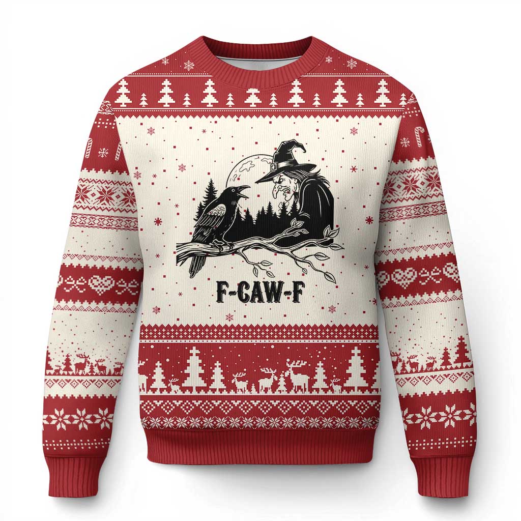 F Caw F Gothic Raven and Witch Ugly Christmas Sweater Funny Halloween Spooky October Vibes - Wonder Print Shop