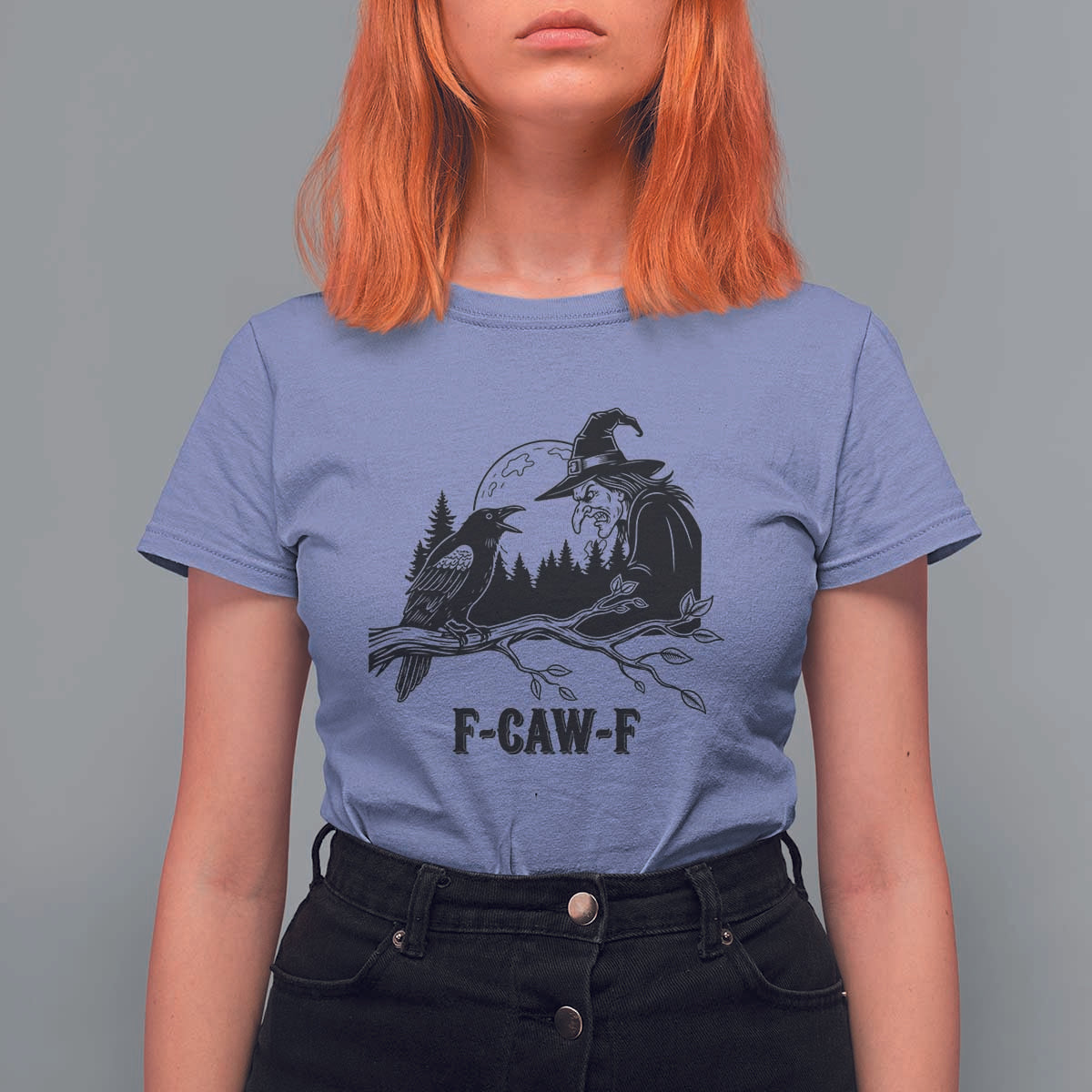 F Caw F Gothic Raven and Witch T Shirt For Women Funny Halloween Spooky October Vibes - Wonder Print Shop