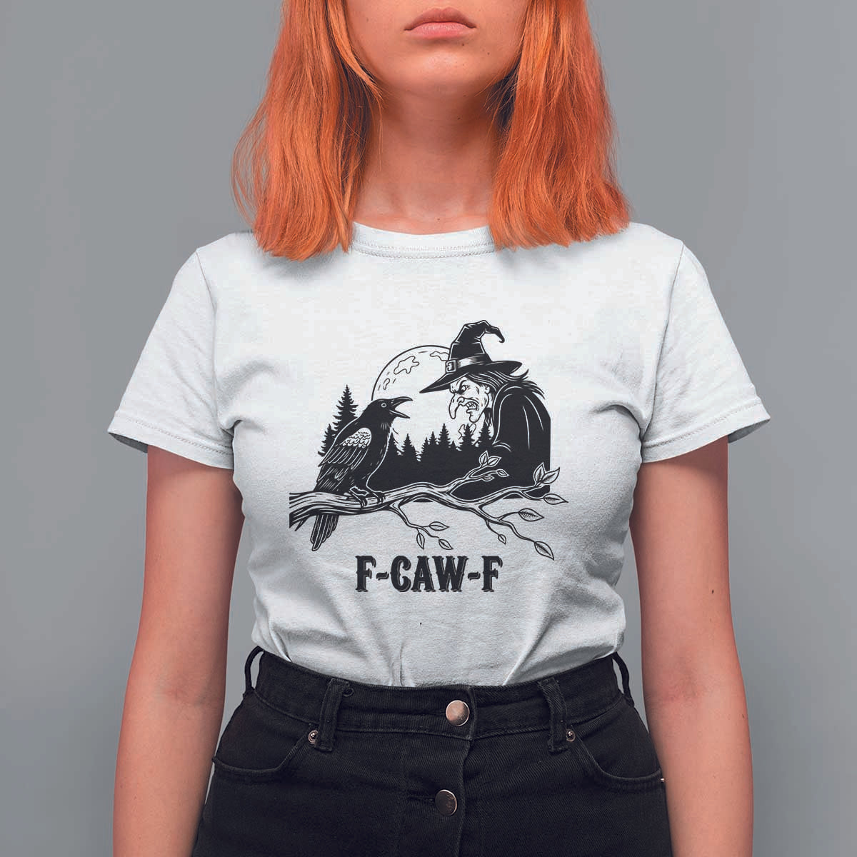 F Caw F Gothic Raven and Witch T Shirt For Women Funny Halloween Spooky October Vibes - Wonder Print Shop