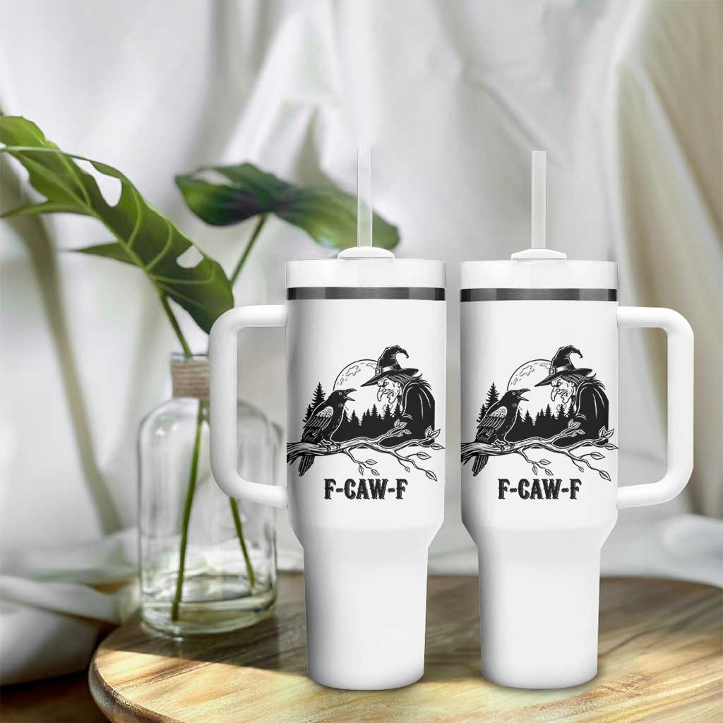 F Caw F Gothic Raven and Witch Tumbler With Handle Funny Halloween Spooky October Vibes - Wonder Print Shop