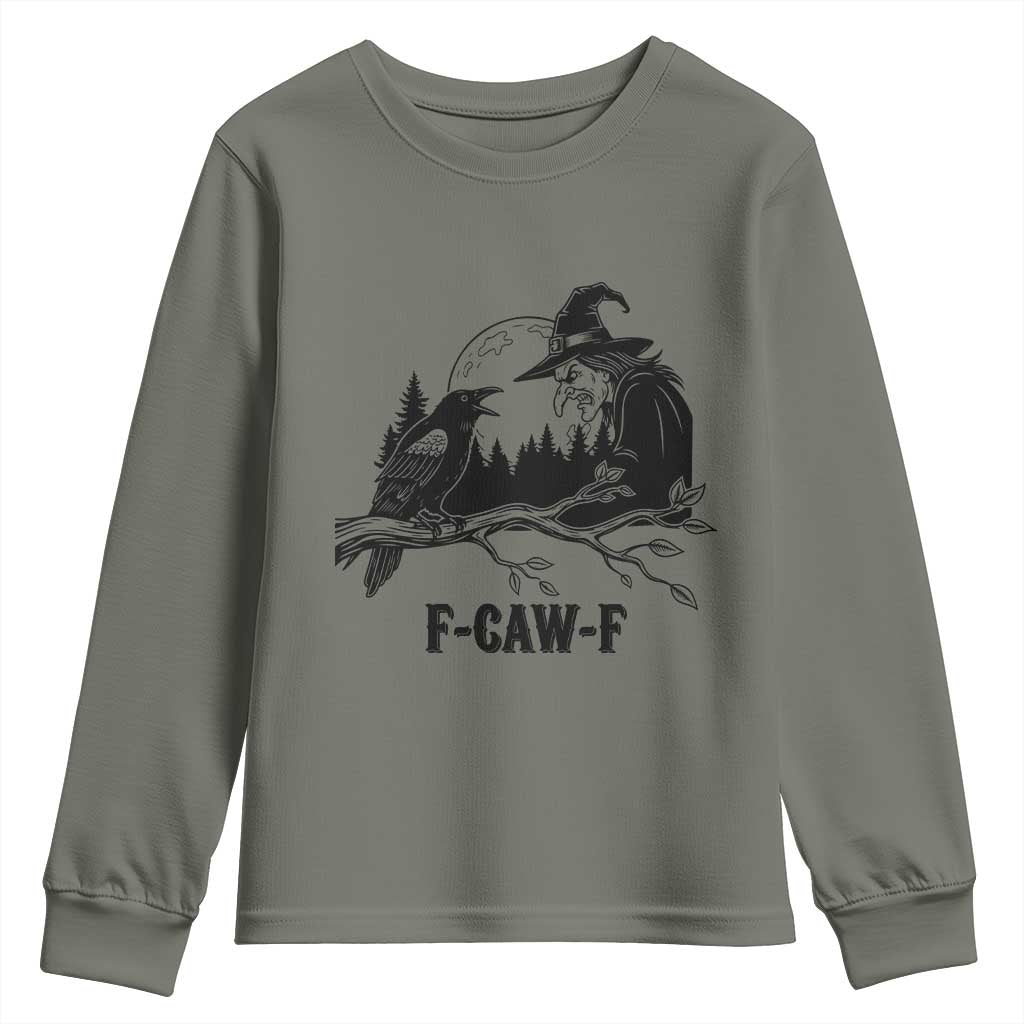 F Caw F Gothic Raven and Witch Youth Sweatshirt Funny Halloween Spooky October Vibes - Wonder Print Shop