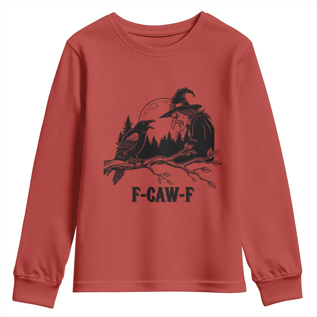 F Caw F Gothic Raven and Witch Youth Sweatshirt Funny Halloween Spooky October Vibes - Wonder Print Shop