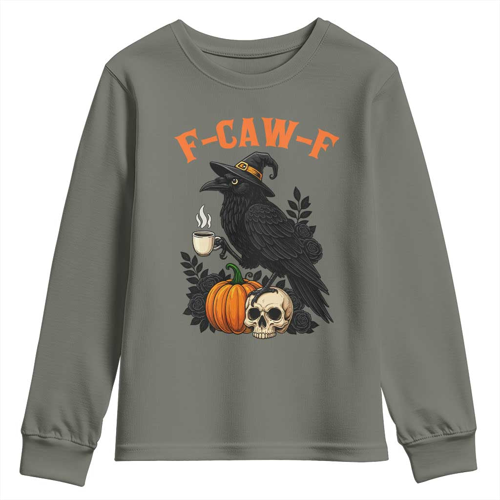F Caw F Raven Witch Coffee Youth Sweatshirt Funny Halloween Sarcastic Gothic Bird with Attitude - Wonder Print Shop