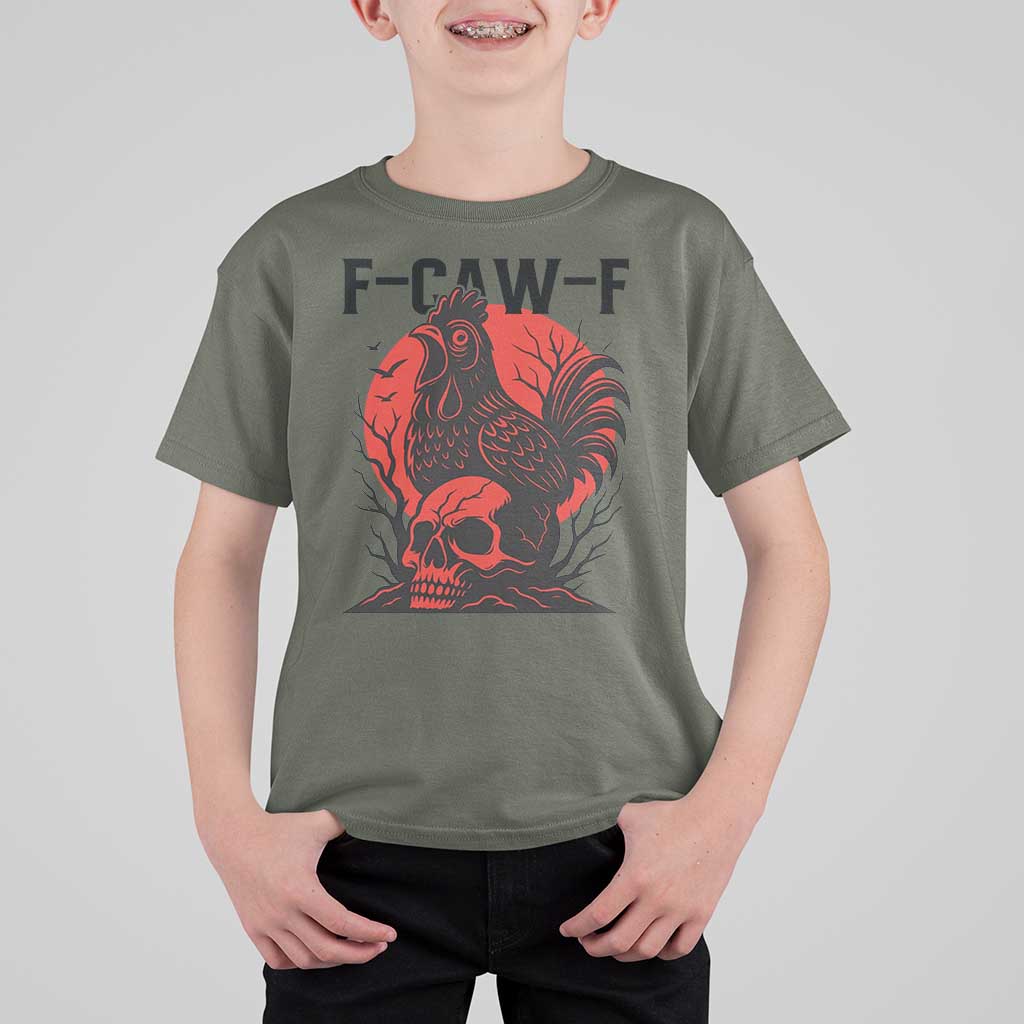 F Caw F Gothic Chicken Horror T Shirt For Kid Creepy Skull Rooster Halloween Dark Humor - Wonder Print Shop