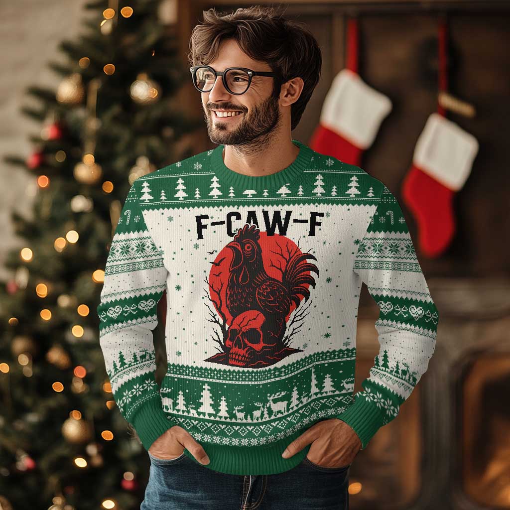 F Caw F Gothic Chicken Horror Ugly Christmas Sweater Creepy Skull Rooster Halloween Dark Humor - Wonder Print Shop
