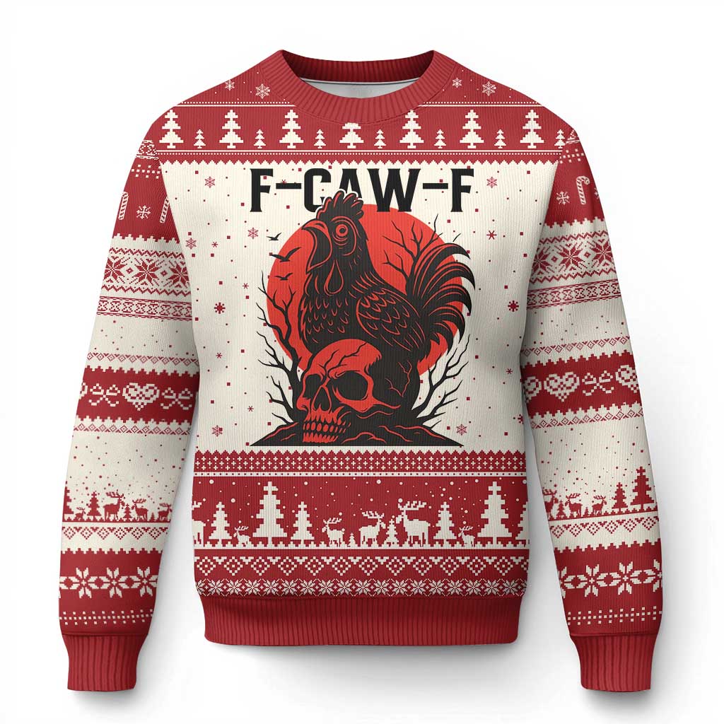 F Caw F Gothic Chicken Horror Ugly Christmas Sweater Creepy Skull Rooster Halloween Dark Humor - Wonder Print Shop