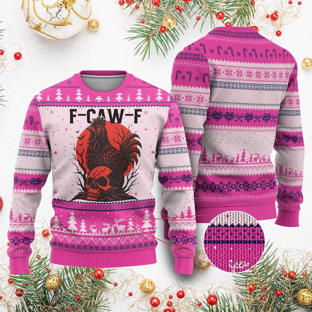 F Caw F Gothic Chicken Horror Ugly Christmas Sweater Creepy Skull Rooster Halloween Dark Humor - Wonder Print Shop