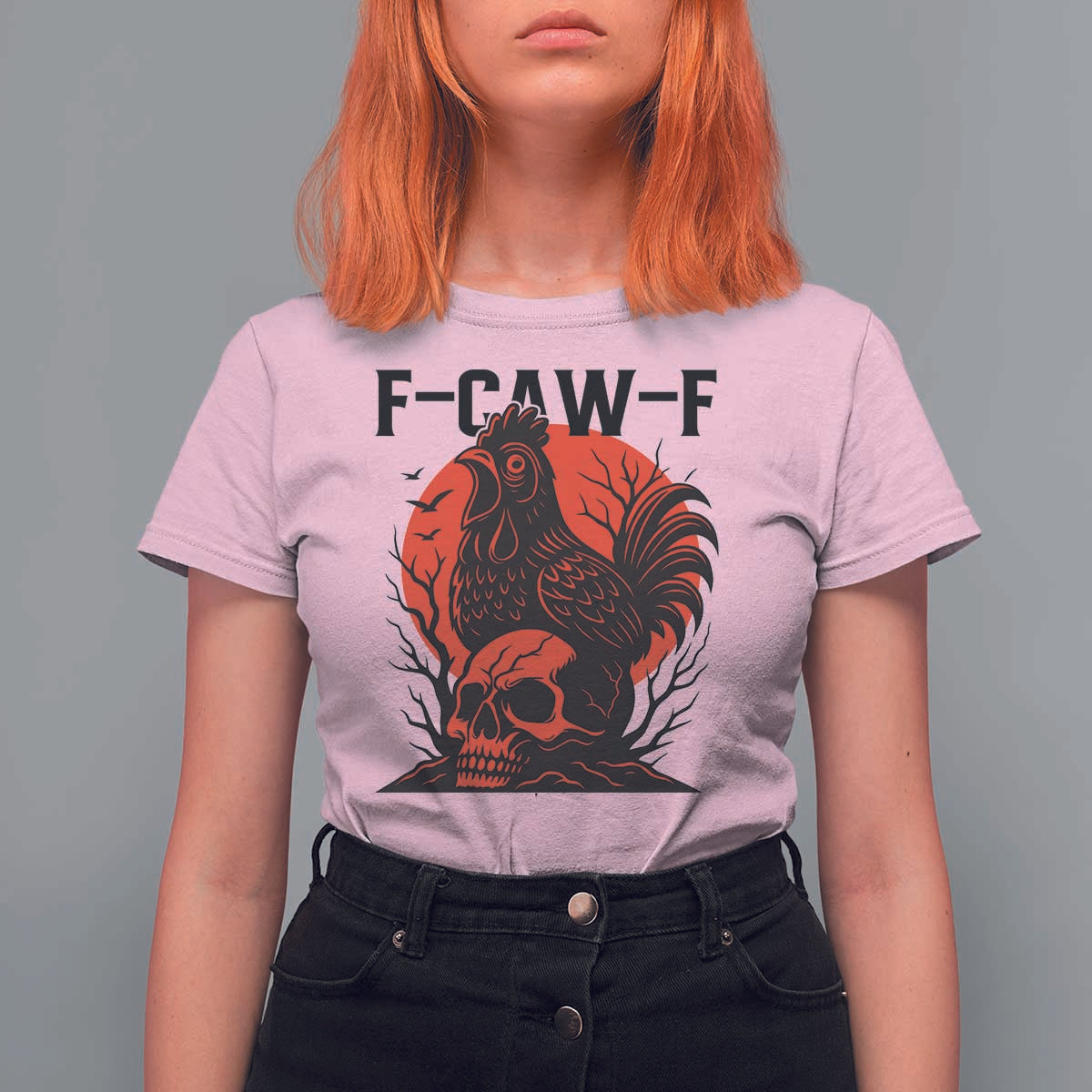 F Caw F Gothic Chicken Horror T Shirt For Women Creepy Skull Rooster Halloween Dark Humor - Wonder Print Shop