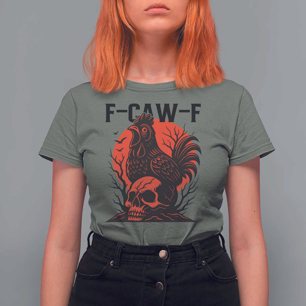 F Caw F Gothic Chicken Horror T Shirt For Women Creepy Skull Rooster Halloween Dark Humor - Wonder Print Shop