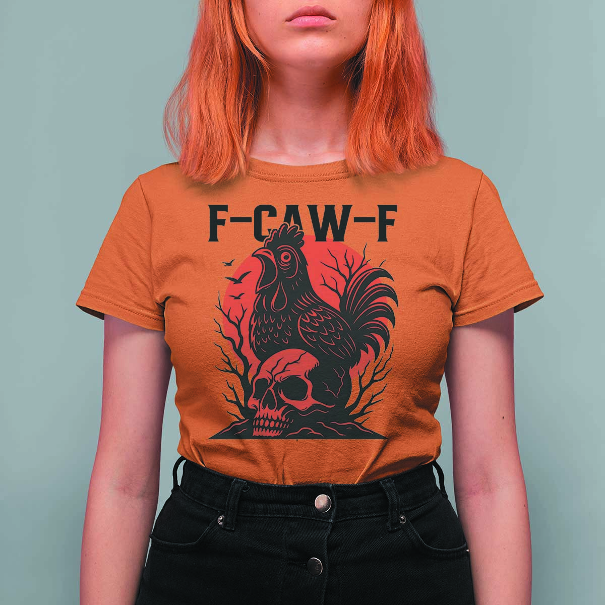 F Caw F Gothic Chicken Horror T Shirt For Women Creepy Skull Rooster Halloween Dark Humor - Wonder Print Shop