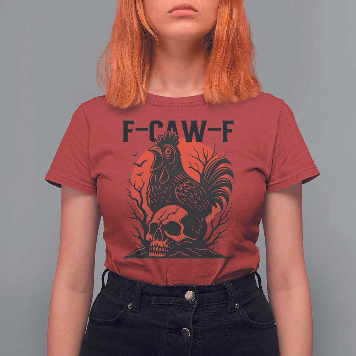 F Caw F Gothic Chicken Horror T Shirt For Women Creepy Skull Rooster Halloween Dark Humor - Wonder Print Shop