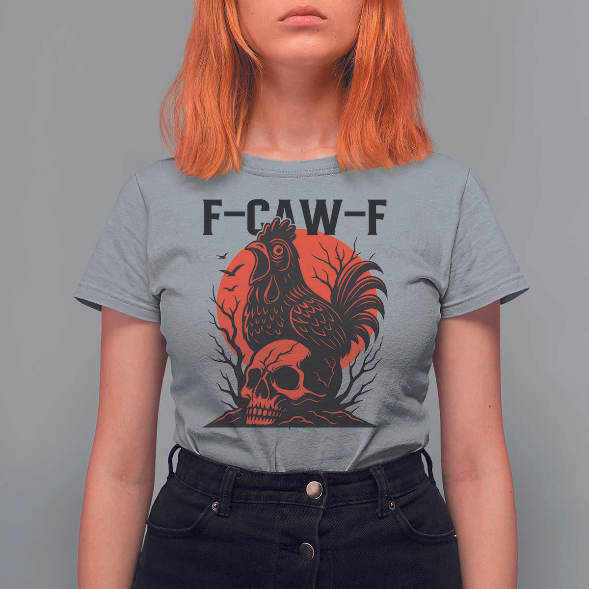 F Caw F Gothic Chicken Horror T Shirt For Women Creepy Skull Rooster Halloween Dark Humor - Wonder Print Shop