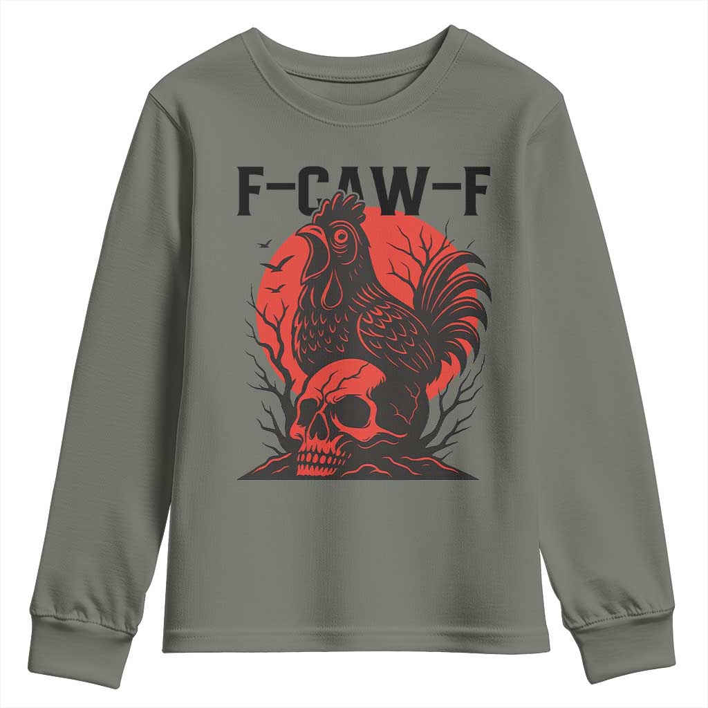 F Caw F Gothic Chicken Horror Youth Sweatshirt Creepy Skull Rooster Halloween Dark Humor - Wonder Print Shop