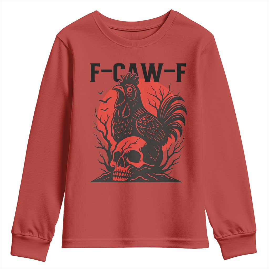 F Caw F Gothic Chicken Horror Youth Sweatshirt Creepy Skull Rooster Halloween Dark Humor - Wonder Print Shop