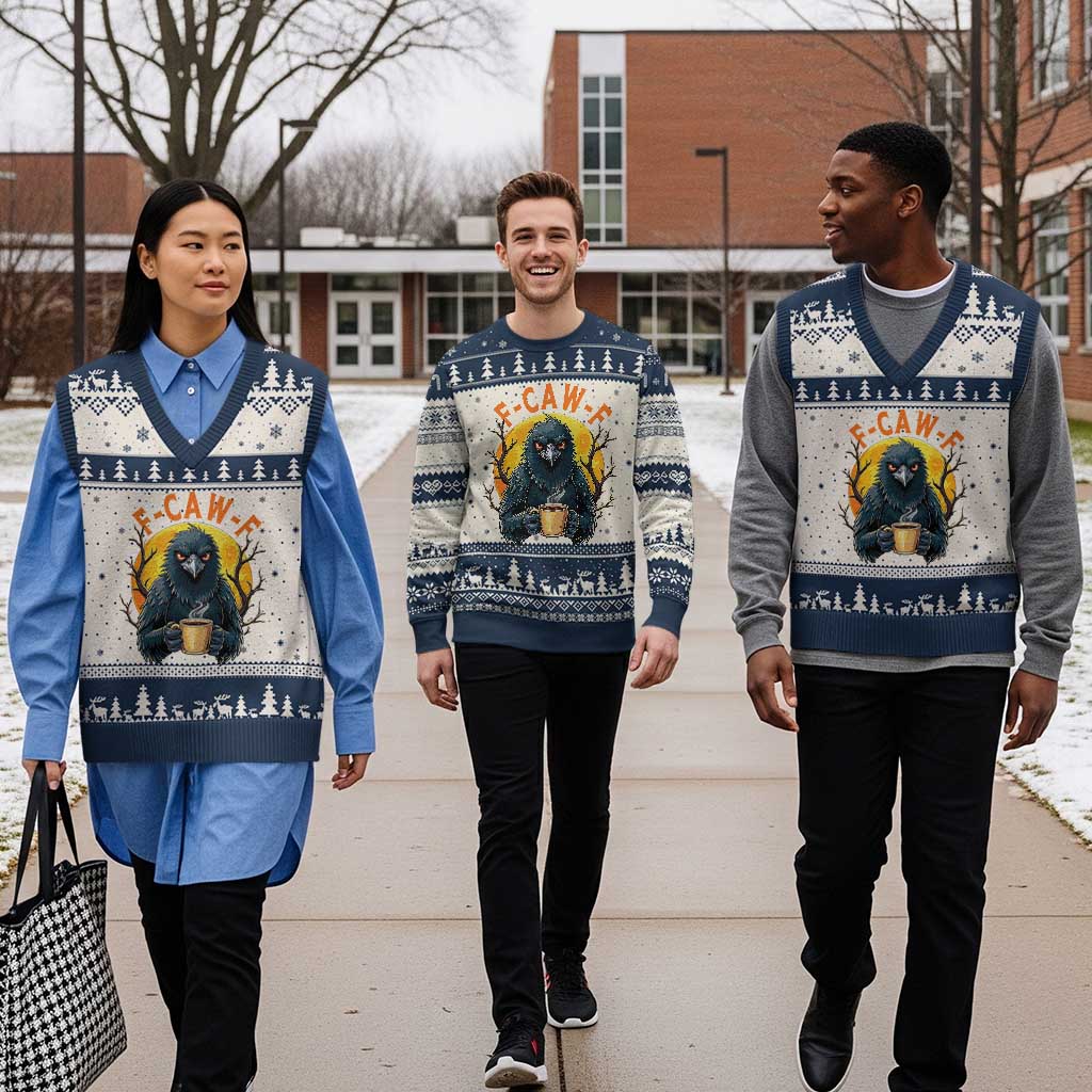 F Caw F Raven Coffee V-Neck Knit Sweater Vest Funny Halloween Sarcastic Gothic Bird with Attitude - Wonder Print Shop