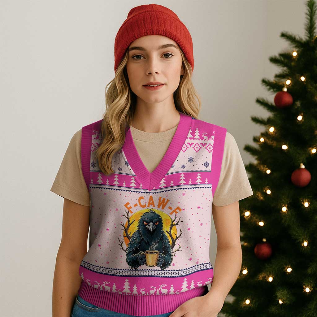 F Caw F Raven Coffee V-Neck Knit Sweater Vest Funny Halloween Sarcastic Gothic Bird with Attitude - Wonder Print Shop