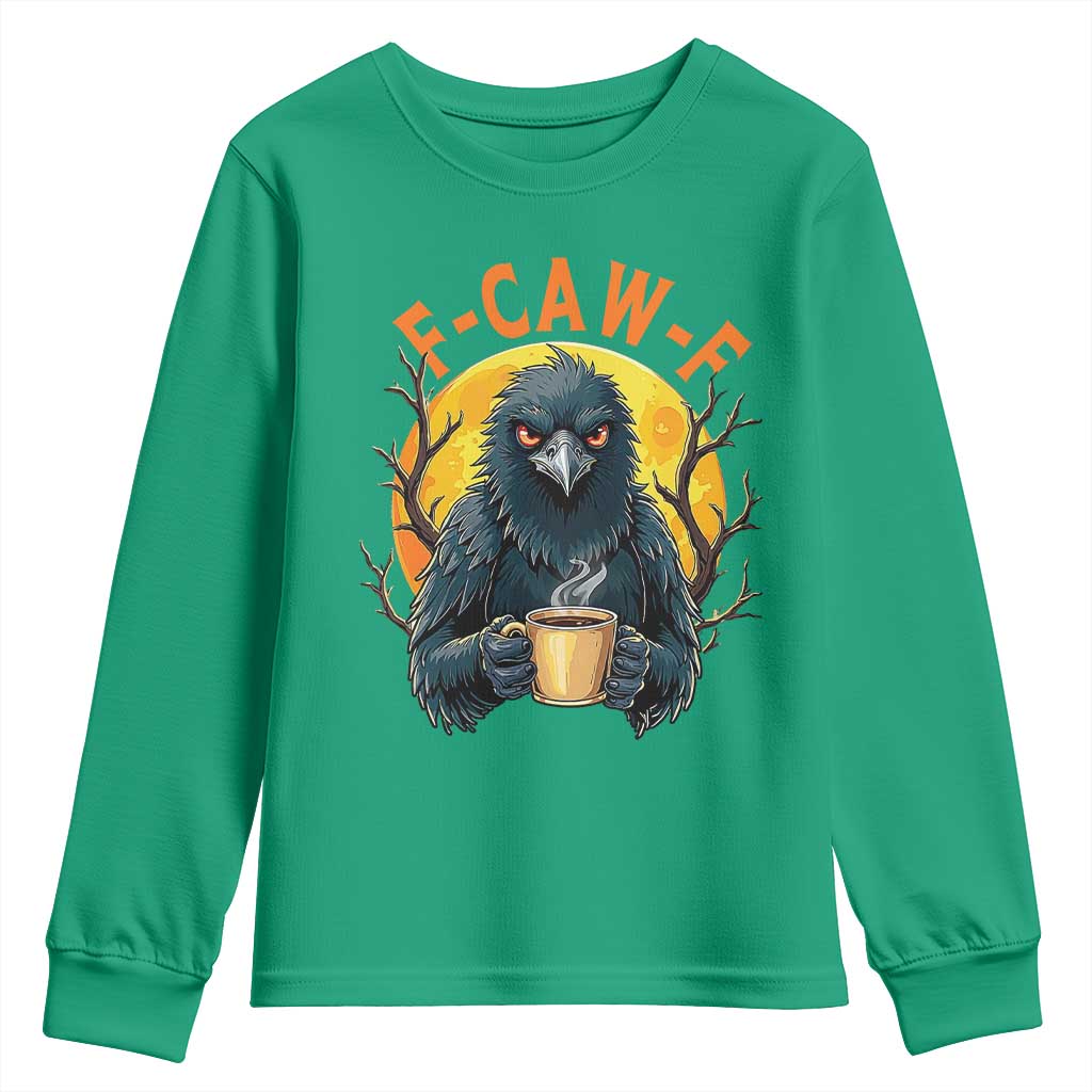 F Caw F Raven Coffee Youth Sweatshirt Funny Halloween Sarcastic Gothic Bird with Attitude - Wonder Print Shop