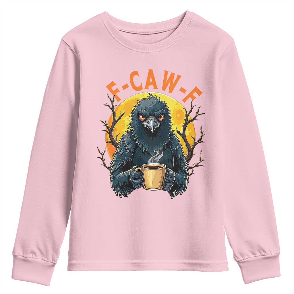 F Caw F Raven Coffee Youth Sweatshirt Funny Halloween Sarcastic Gothic Bird with Attitude - Wonder Print Shop