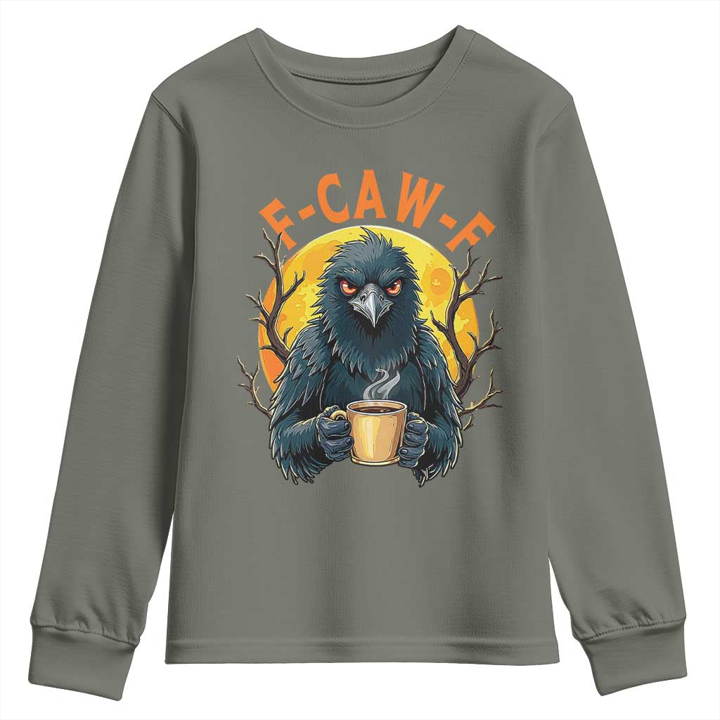 F Caw F Raven Coffee Youth Sweatshirt Funny Halloween Sarcastic Gothic Bird with Attitude - Wonder Print Shop