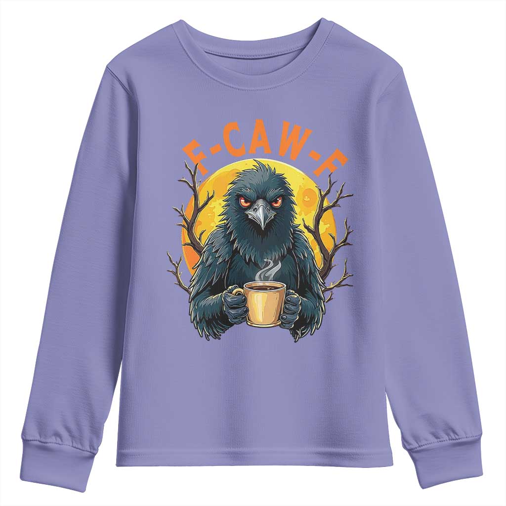 F Caw F Raven Coffee Youth Sweatshirt Funny Halloween Sarcastic Gothic Bird with Attitude - Wonder Print Shop