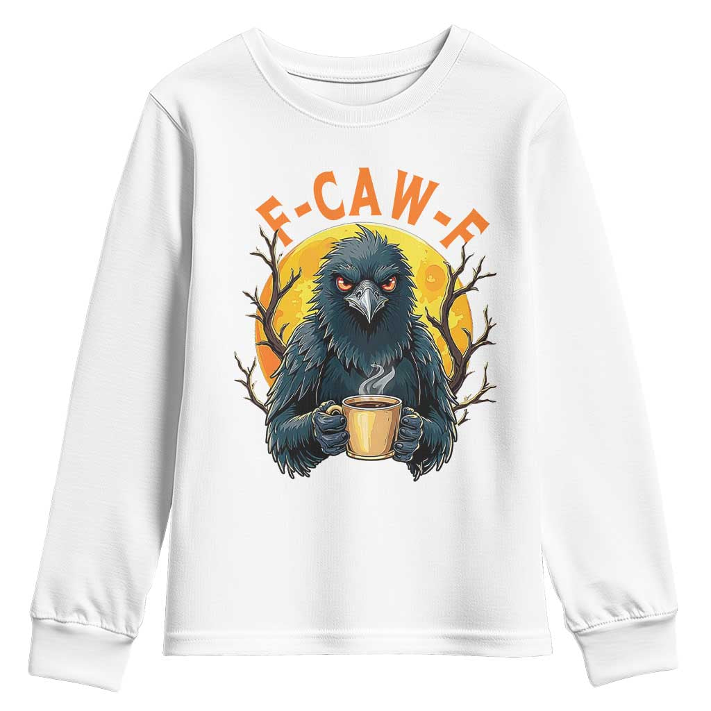 F Caw F Raven Coffee Youth Sweatshirt Funny Halloween Sarcastic Gothic Bird with Attitude - Wonder Print Shop