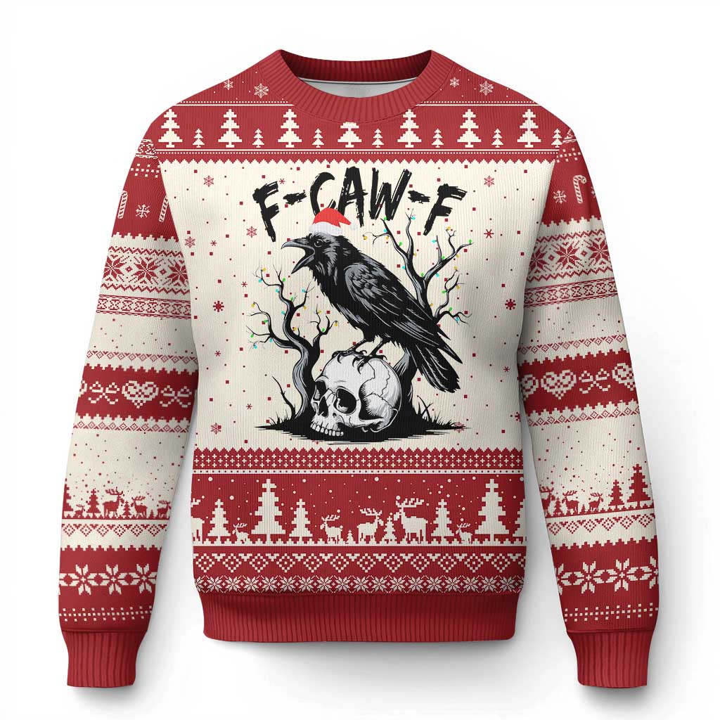 F Caw F Gothic Christmas Raven Ugly Christmas Sweater With Skull Funny Dark Holiday Humor Spooky Season - Wonder Print Shop